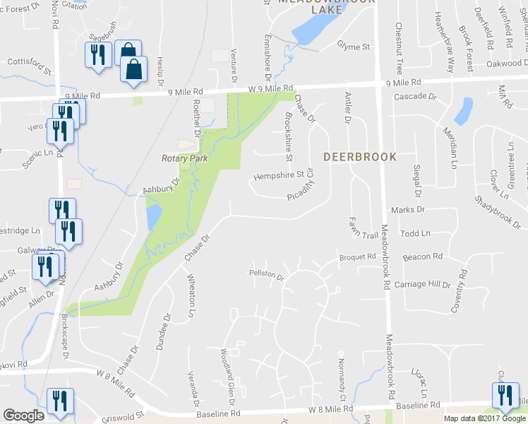 map of restaurants, bars, coffee shops, grocery stores, and more near 21685 Chase Drive in Novi