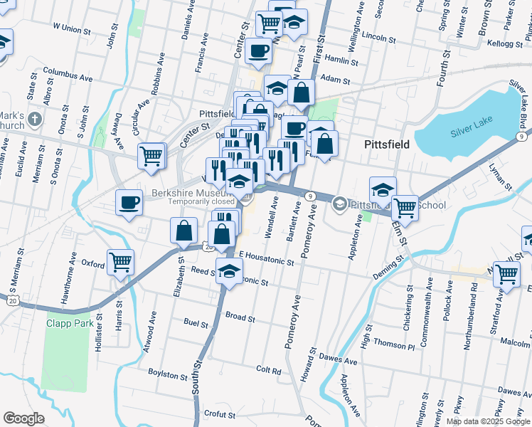 map of restaurants, bars, coffee shops, grocery stores, and more near 30 Wendell Avenue in Pittsfield