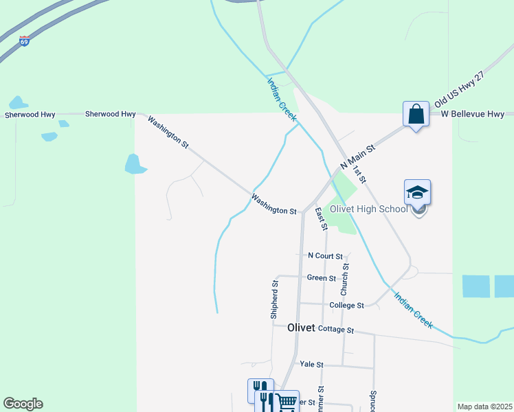 map of restaurants, bars, coffee shops, grocery stores, and more near 213 Washington Street in Olivet