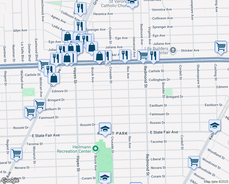 map of restaurants, bars, coffee shops, grocery stores, and more near 15610 Edmore Dr in Detroit