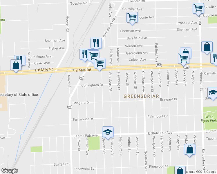 map of restaurants, bars, coffee shops, grocery stores, and more near 20311 Strasburg Street in Detroit
