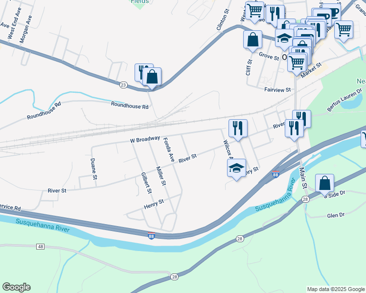 map of restaurants, bars, coffee shops, grocery stores, and more near 7 Parish Avenue in Oneonta