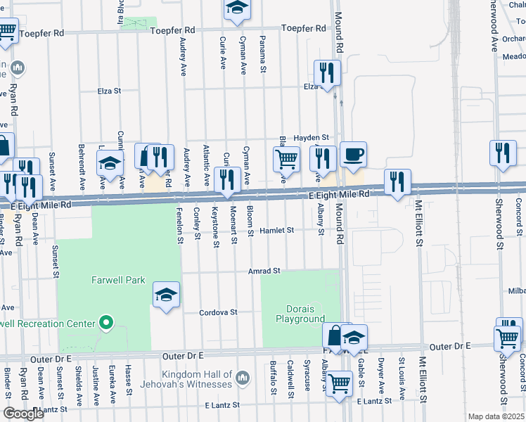 map of restaurants, bars, coffee shops, grocery stores, and more near 20561 Buffalo Street in Detroit