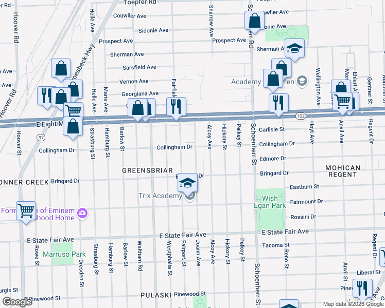 map of restaurants, bars, coffee shops, grocery stores, and more near 20291 Joann Avenue in Detroit
