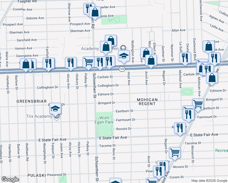 map of restaurants, bars, coffee shops, grocery stores, and more near 13801 Edmore Drive in Detroit