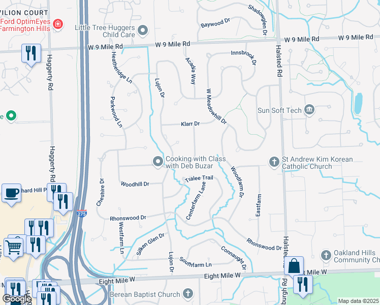 map of restaurants, bars, coffee shops, grocery stores, and more near 21603 Beauford Lane in Northville