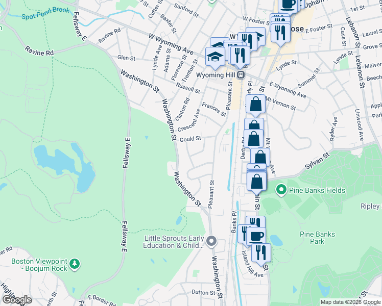 map of restaurants, bars, coffee shops, grocery stores, and more near 17 Black Rock Road in Melrose