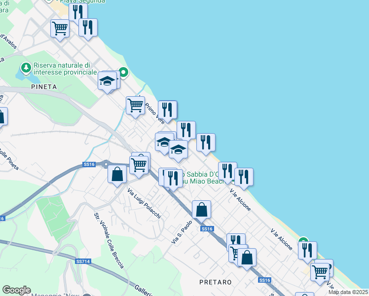 map of restaurants, bars, coffee shops, grocery stores, and more near 110 Viale Alcione in Pescara