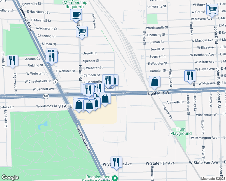 map of restaurants, bars, coffee shops, grocery stores, and more near 771 Michigan 102 in Ferndale