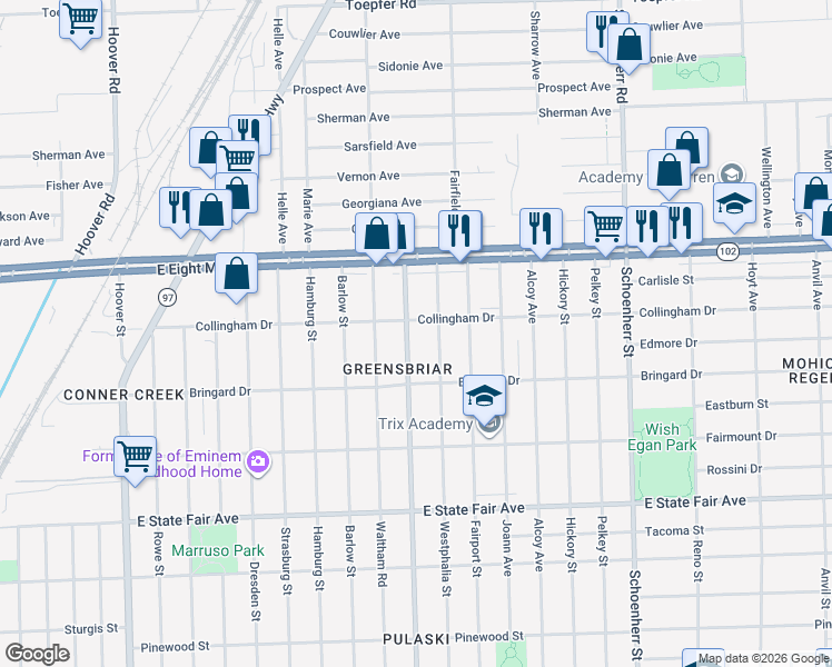 map of restaurants, bars, coffee shops, grocery stores, and more near 20290 Goulburn Avenue in Detroit