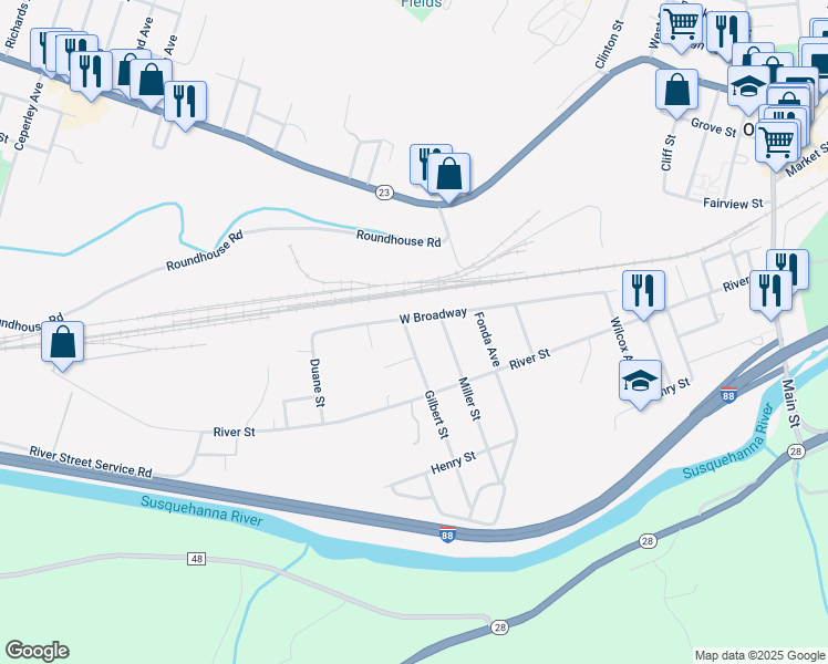 map of restaurants, bars, coffee shops, grocery stores, and more near 72 Gilbert Street in Oneonta