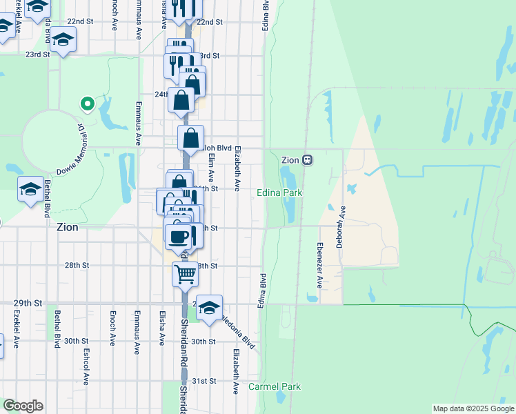 map of restaurants, bars, coffee shops, grocery stores, and more near 2610 Edina Boulevard in Zion