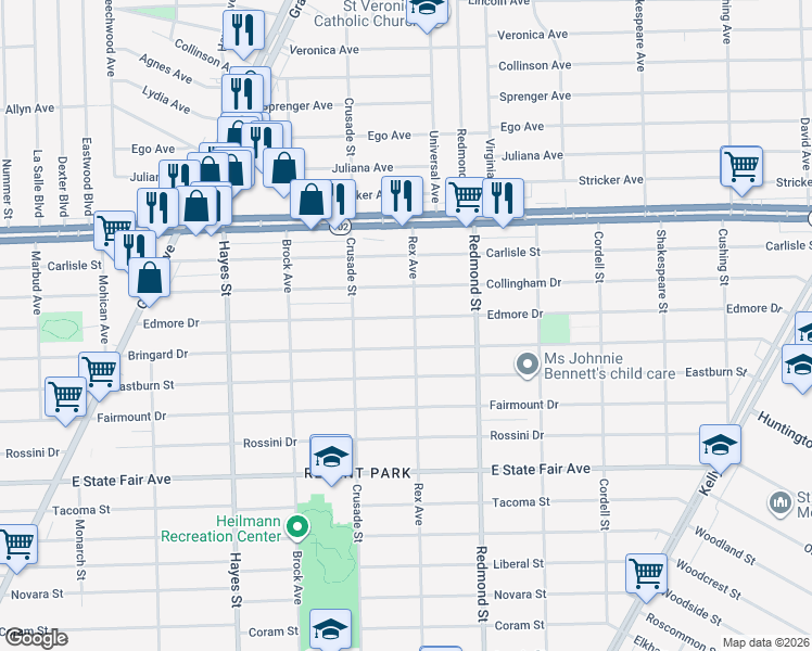 map of restaurants, bars, coffee shops, grocery stores, and more near 15700 Edmore Drive in Detroit