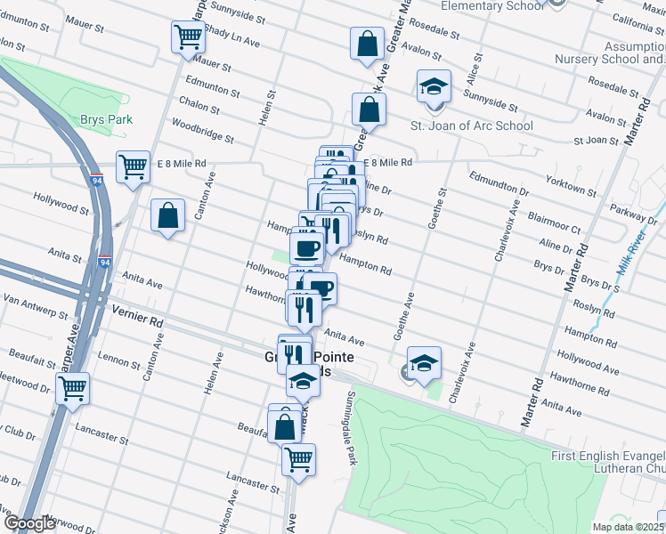 map of restaurants, bars, coffee shops, grocery stores, and more near 1841 Hampton Road in Grosse Pointe Woods