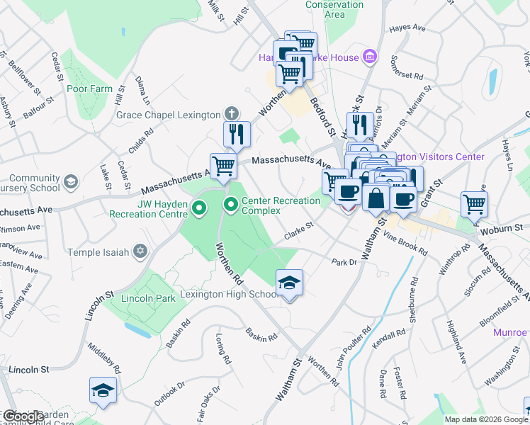 map of restaurants, bars, coffee shops, grocery stores, and more near 31 Parker Street in Lexington