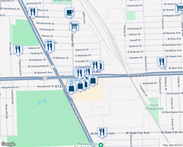 map of restaurants, bars, coffee shops, grocery stores, and more near 631 Eight Mile Road in Ferndale