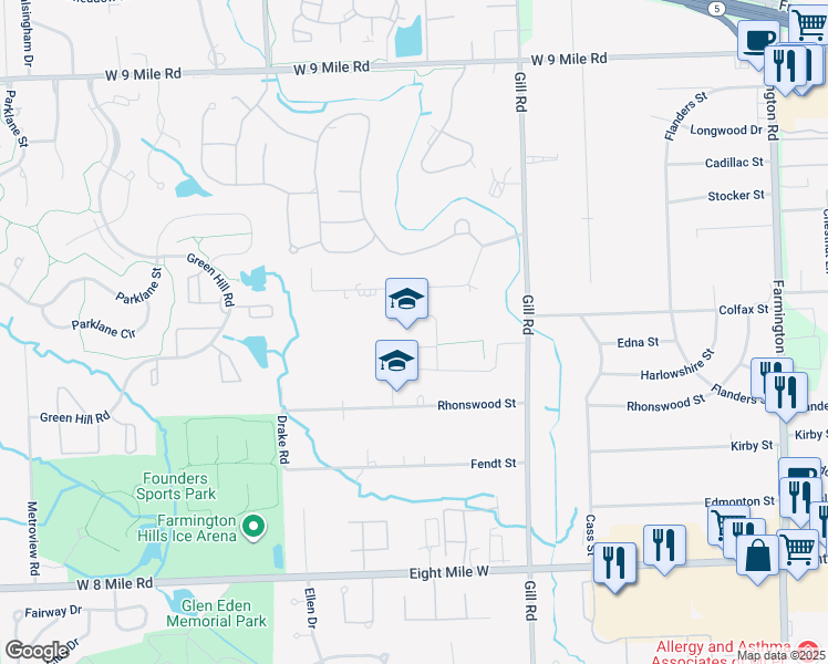 map of restaurants, bars, coffee shops, grocery stores, and more near 34740 Rhonswood Street in Farmington Hills