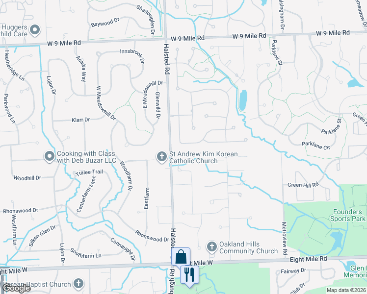 map of restaurants, bars, coffee shops, grocery stores, and more near 37235 Aspen Drive in Farmington Hills