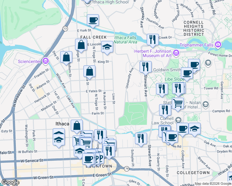 map of restaurants, bars, coffee shops, grocery stores, and more near 315 Linn Street in Ithaca