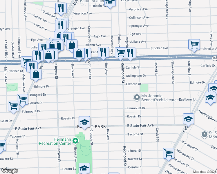 map of restaurants, bars, coffee shops, grocery stores, and more near 15700 Edmore Drive in Detroit
