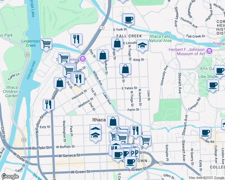 map of restaurants, bars, coffee shops, grocery stores, and more near 105-07 West Yates Street in Ithaca