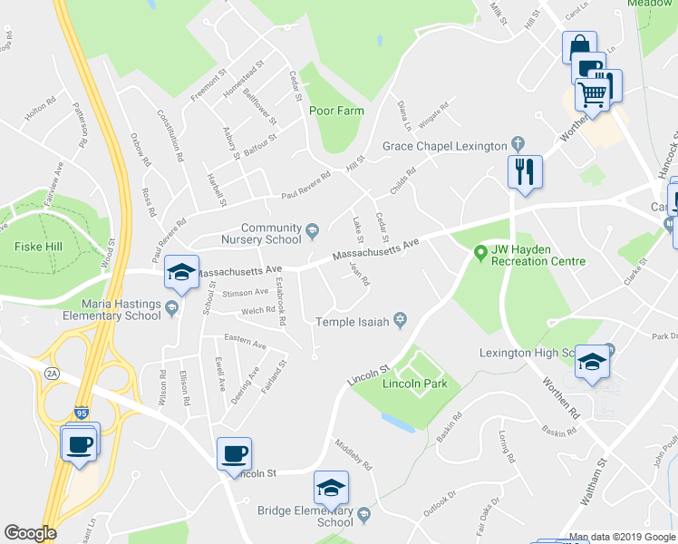 map of restaurants, bars, coffee shops, grocery stores, and more near 3 Aaron Road in Lexington