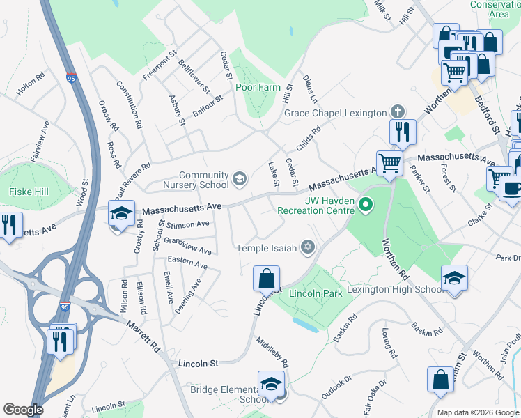 map of restaurants, bars, coffee shops, grocery stores, and more near 3 Aaron Road in Lexington