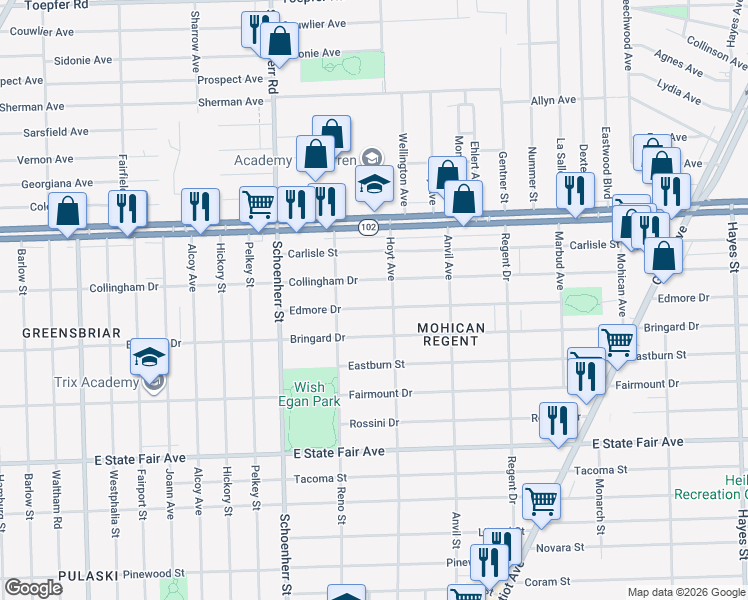 map of restaurants, bars, coffee shops, grocery stores, and more near 13877 Edmore Drive in Detroit