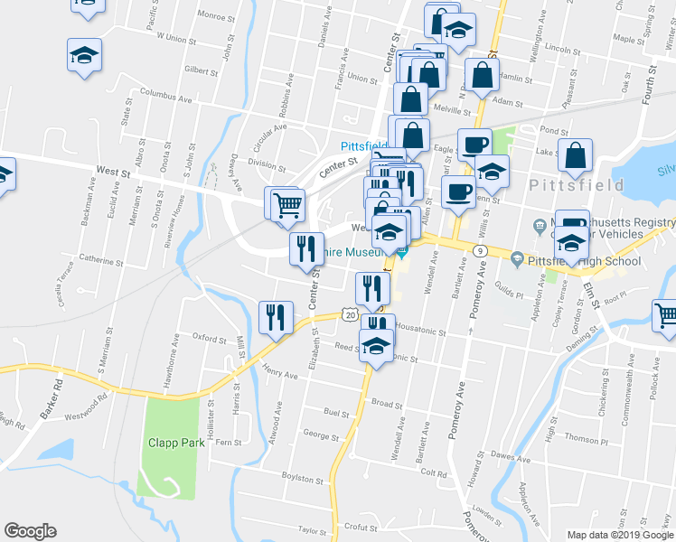 map of restaurants, bars, coffee shops, grocery stores, and more near 55 Church Street in Pittsfield