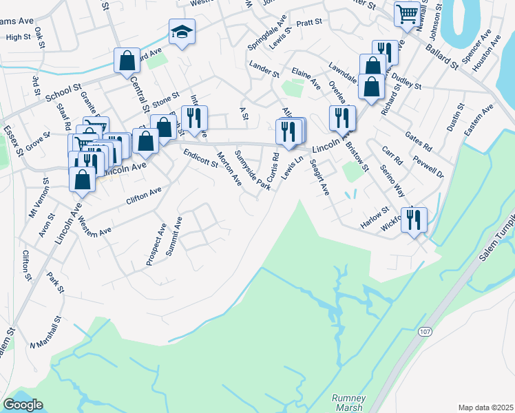 map of restaurants, bars, coffee shops, grocery stores, and more near 47 Morton Avenue in Saugus