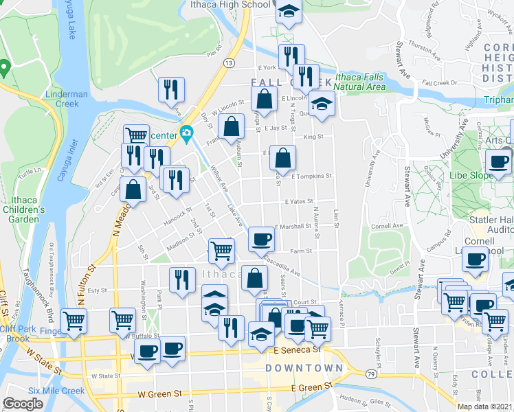 map of restaurants, bars, coffee shops, grocery stores, and more near 105-07 West Yates Street in Ithaca
