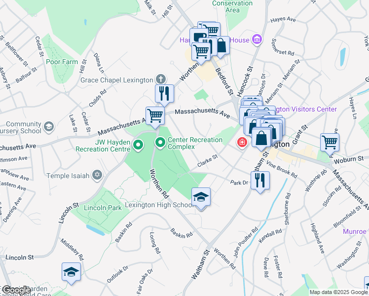 map of restaurants, bars, coffee shops, grocery stores, and more near 31 Parker Street in Lexington