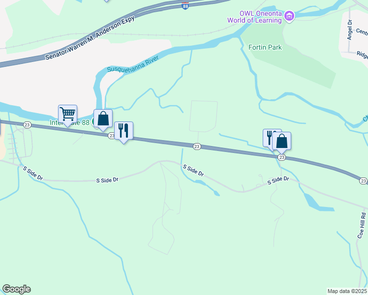 map of restaurants, bars, coffee shops, grocery stores, and more near 5264 New York 23 in Oneonta