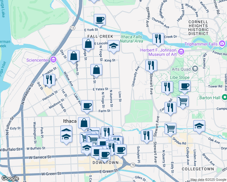map of restaurants, bars, coffee shops, grocery stores, and more near 615 North Aurora Street in Ithaca
