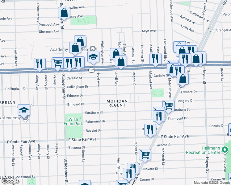 map of restaurants, bars, coffee shops, grocery stores, and more near 14079 Edmore Drive in Detroit