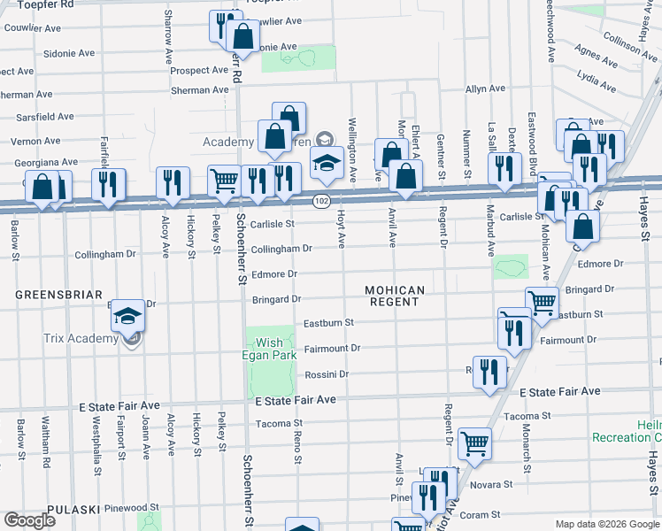 map of restaurants, bars, coffee shops, grocery stores, and more near 13877 Edmore Drive in Detroit