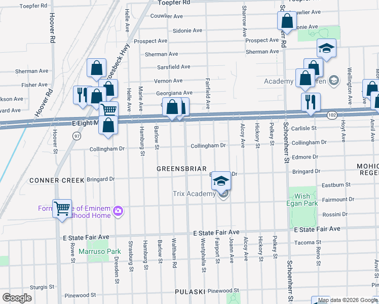 map of restaurants, bars, coffee shops, grocery stores, and more near 20290 Goulburn Avenue in Detroit