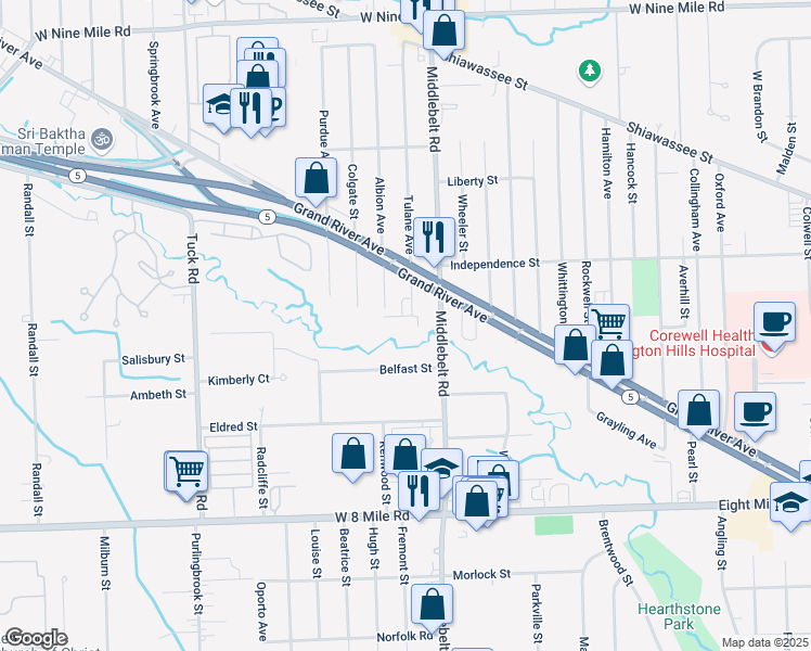 map of restaurants, bars, coffee shops, grocery stores, and more near 21399 Tulane Avenue in Farmington Hills