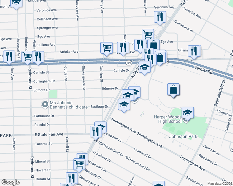 map of restaurants, bars, coffee shops, grocery stores, and more near 20231 Kelly Road in Harper Woods