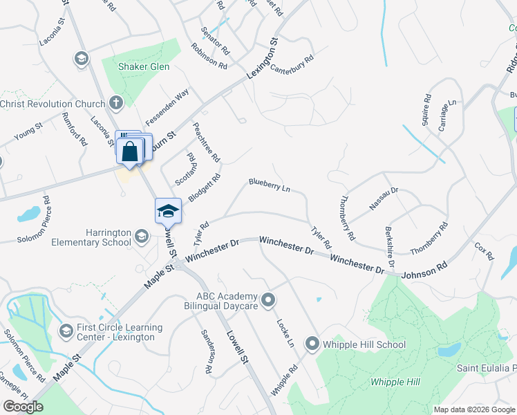 map of restaurants, bars, coffee shops, grocery stores, and more near 22 Tyler Road in Lexington