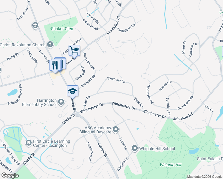 map of restaurants, bars, coffee shops, grocery stores, and more near 22 Tyler Road in Lexington