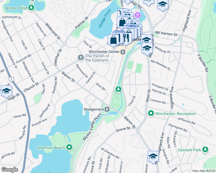 map of restaurants, bars, coffee shops, grocery stores, and more near 22 Ginn Road in Winchester