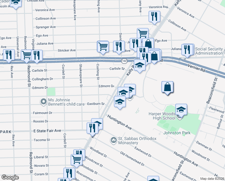 map of restaurants, bars, coffee shops, grocery stores, and more near 20231 Kelly Road in Harper Woods