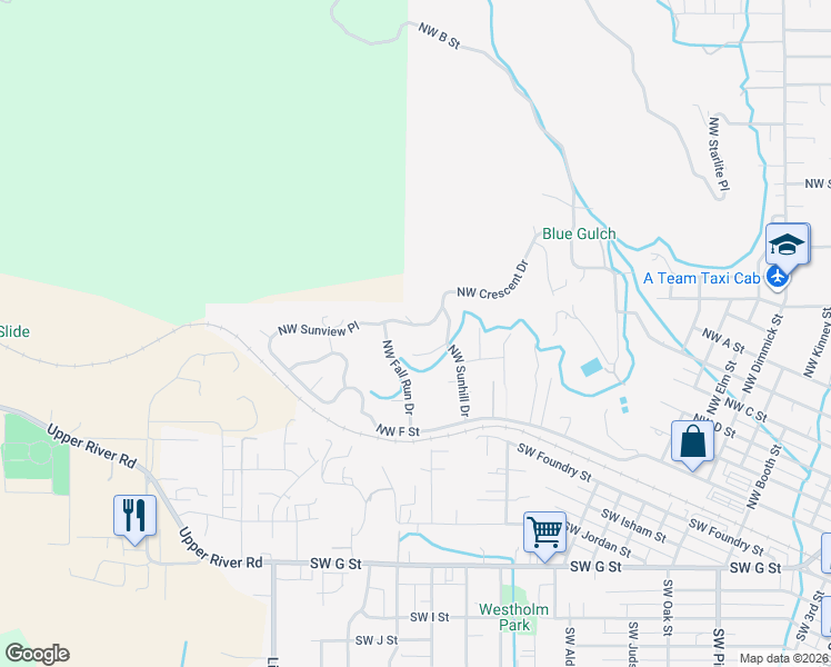 map of restaurants, bars, coffee shops, grocery stores, and more near 1733 Northwest Sunview Place in Grants Pass