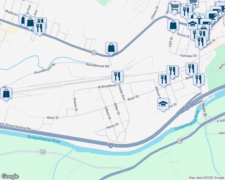 map of restaurants, bars, coffee shops, grocery stores, and more near 60 Miller Street in Oneonta