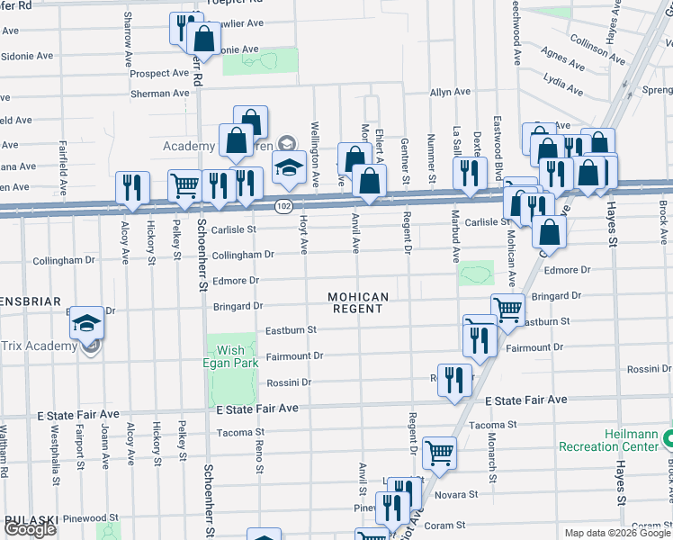 map of restaurants, bars, coffee shops, grocery stores, and more near 14079 Edmore Drive in Detroit