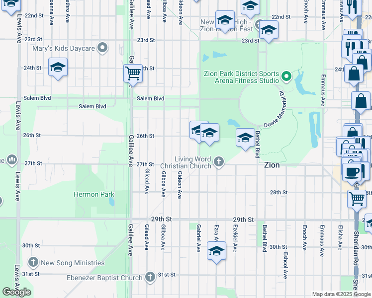 map of restaurants, bars, coffee shops, grocery stores, and more near 2611 Gideon Avenue in Zion