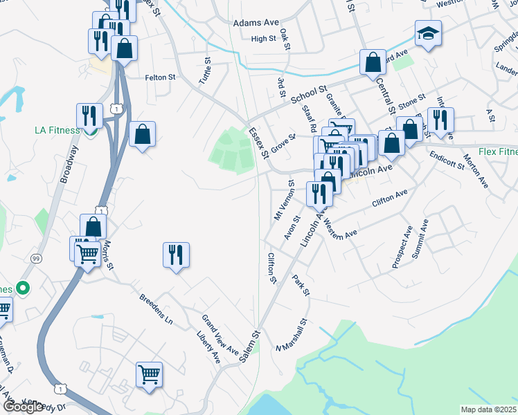 map of restaurants, bars, coffee shops, grocery stores, and more near Northern Strand Community Trail in Saugus