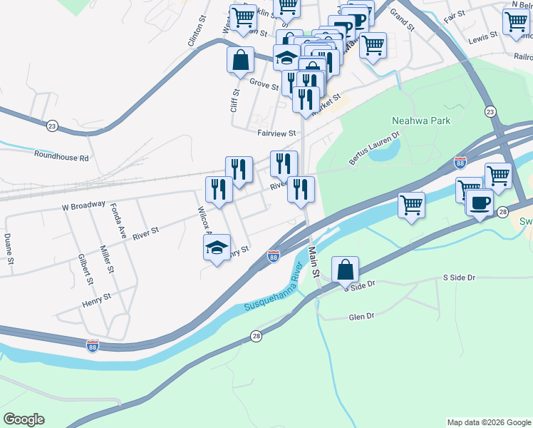 map of restaurants, bars, coffee shops, grocery stores, and more near 2 Huntington Avenue in Oneonta