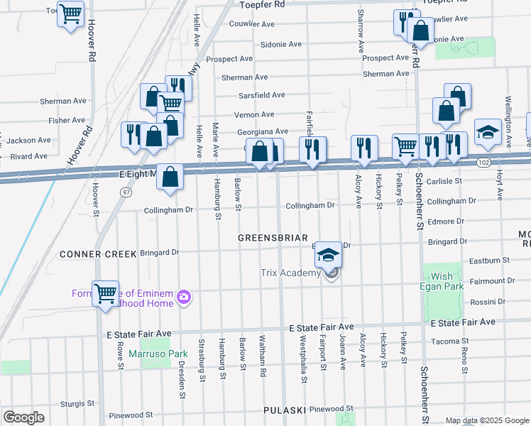 map of restaurants, bars, coffee shops, grocery stores, and more near 20296 Waltham Street in Detroit